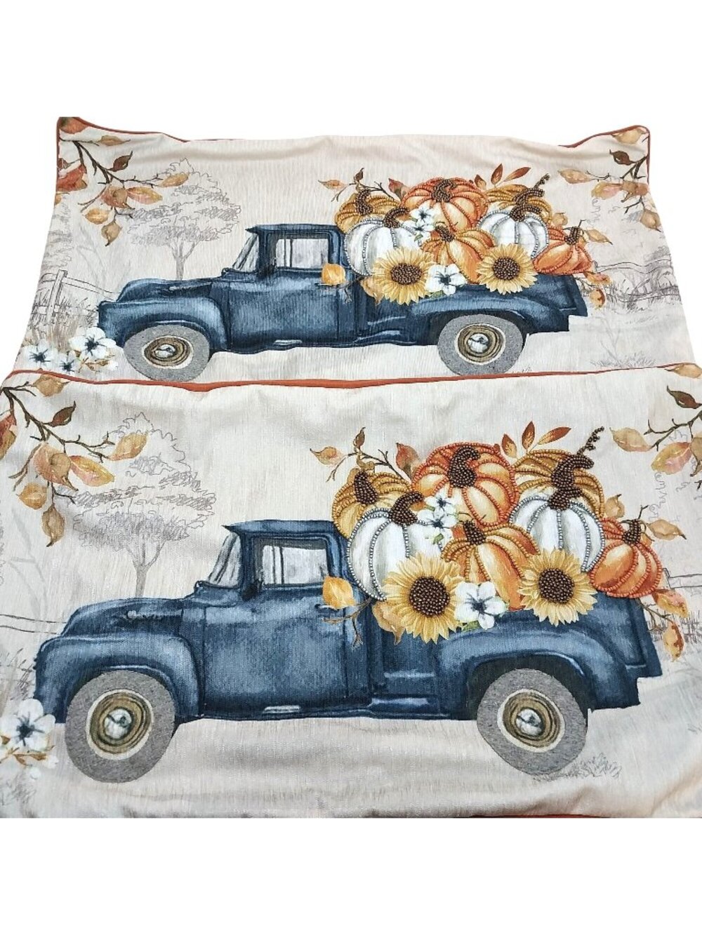Autumn Pillow Cases Covers Vintage Dodge Pick Up Truck Beaded Pumpkin Sunflowers